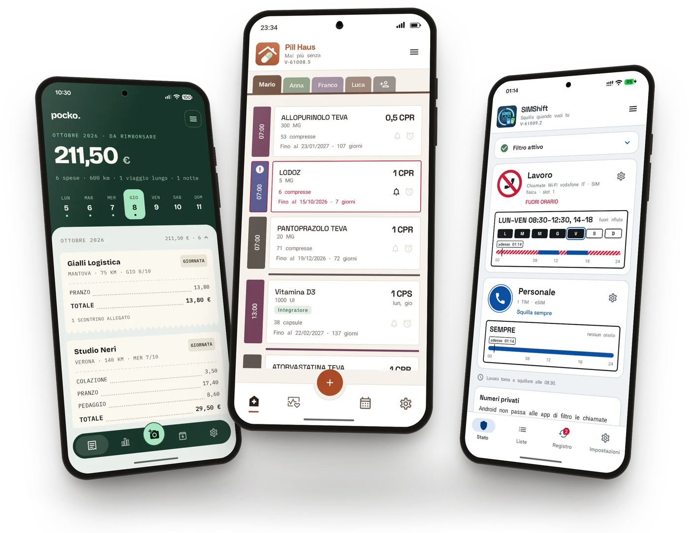 Tre telefoni con le app di bignose development: Pocko, la nota spese; Pill Haus, i farmaci di casa; SIM Shift, gli orari per ogni SIM